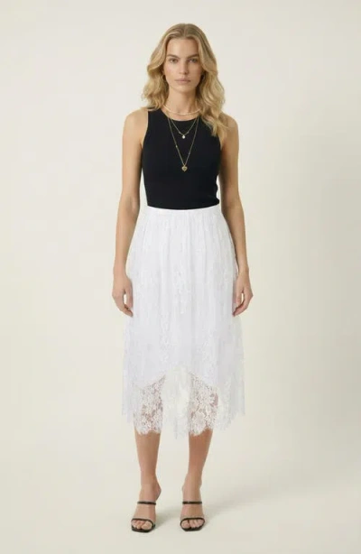 Modenaire Layered Lace Sheer Hem Midi Skirt In White