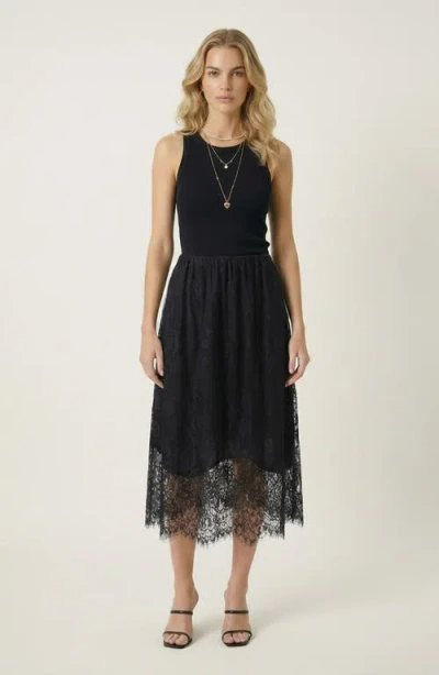 Modenaire Layered Lace Sheer Hem Midi Skirt In Yellow