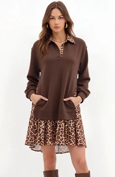 Modenaire Layered Mini Dress With Leopard Print Skirt And Contrast Collar In Brown