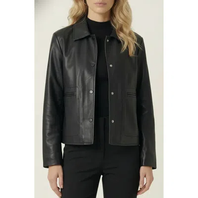 Modenaire Leather Button Front Jacket In Black