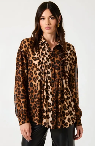 Modenaire Leopard Print Button-up Blouse With Pleated Front And Classic Point Collar In Brown