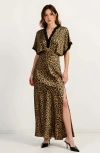 Modenaire Leopard Print Lace-trim V-neck Side-slit Maxi Dress In Multi