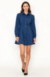 Modenaire Long-sleeve Denim Contrast-stitching Flared-hem Shirt Dress In Blue