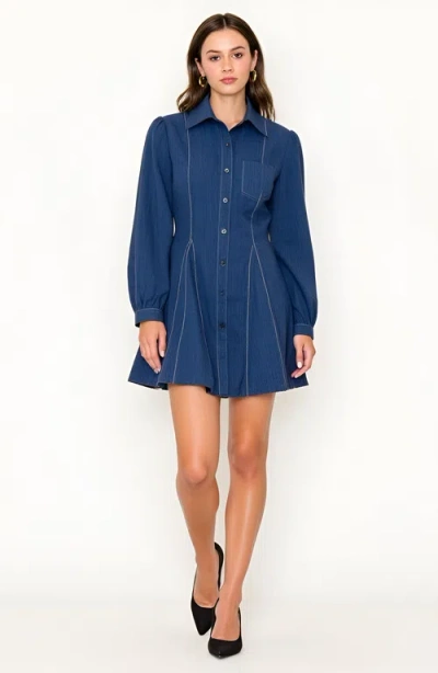 Modenaire Long-sleeve Denim Contrast-stitching Flared-hem Shirt Dress In Blue