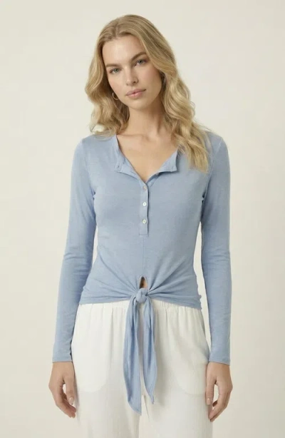 Modenaire Long Sleeve Front Tie Henley Top In Blue