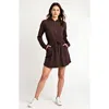 Modenaire Long Sleeve Hooded Romper Skirt With Drawstring Waist And Half Zip Front In Brown