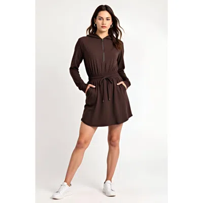 Modenaire Long Sleeve Hooded Romper Skirt With Drawstring Waist And Half Zip Front In Brown