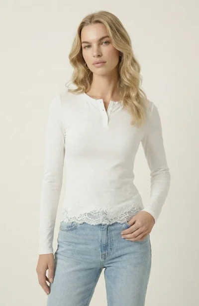 Modenaire Long Sleeve Lace Trim Henley Top In White