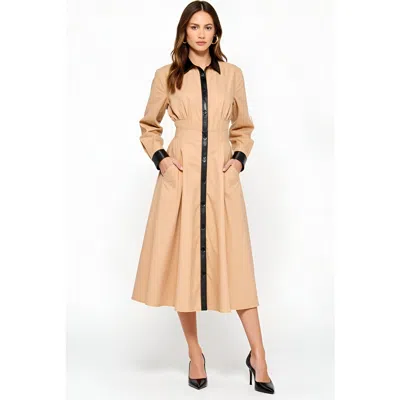 Modenaire Long Sleeve Midi Shirt Dress With Faux Leather Trim And Side Pockets In Brown