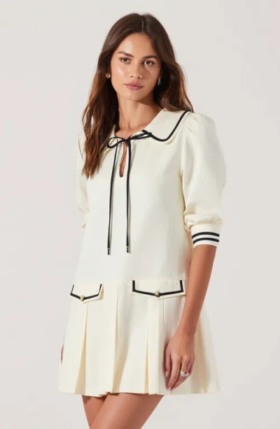 Modenaire Long-sleeve Pleated Mini Dress In Off-white/black