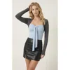 Modenaire Long Sleeve Ruched Tie Front Top In Blue