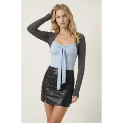 Modenaire Long Sleeve Ruched Tie Front Top In Blue