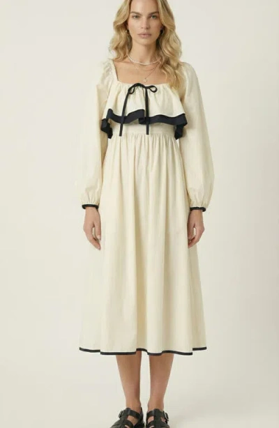 Modenaire Long Sleeve Ruffle Trim Midi Dress In Neutral