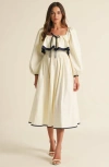 Modenaire Long Sleeve Ruffle Trim Midi Dress With Tie Front Detail