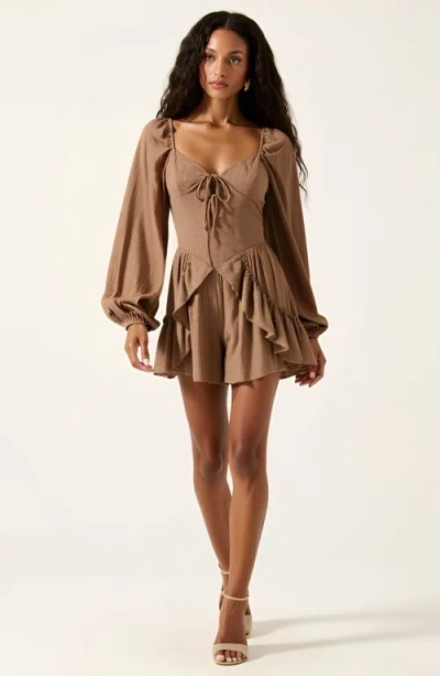 Modenaire Long Sleeve Smocked Romper With Ruffle Skirt Overlay In Brown