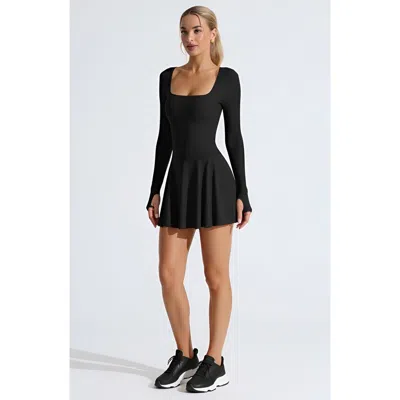 Modenaire Long-sleeve Thumbhole Open Crisscross-back Active Romper Dress In Black