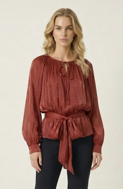 Modenaire Long Sleeve Tie Neck Waist Belt Blouse In Brown