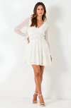 Modenaire Long Sleeve V-neck Ruffle Tiered Mini Dress With Sheer Chiffon Overlay In White
