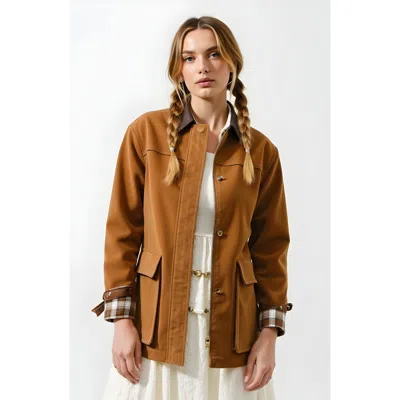 Modenaire Long Utility Jacket With Plaid Lining, Buckle Cuffs And Flap Pockets In Brown