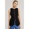 Modenaire Longline Sleeveless Button Vest With Flap Pockets And Tailored Hem In Black