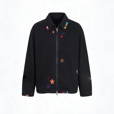 Modenaire Men's Black Embroidered Cotton Linen Jacket Relaxed Fit Artisan Detail