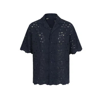 Modenaire Men's Black Embroidered Eyelet Shirt Relaxed Fit Resort Collar