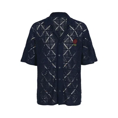 Modenaire Men's Blue Open Knit Short Sleeve Shirt With Floral Embroidered Detail