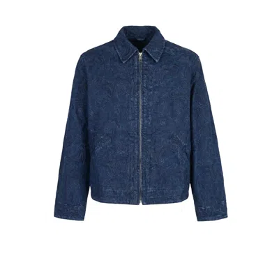 Modenaire Men's Blue Textured Zip Jacket With Point Collar Tonal Pattern