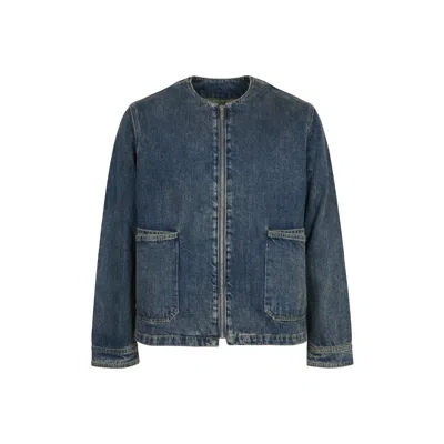 Modenaire Men's Blue Washed Denim Jacket Relaxed Fit Clean Collarless