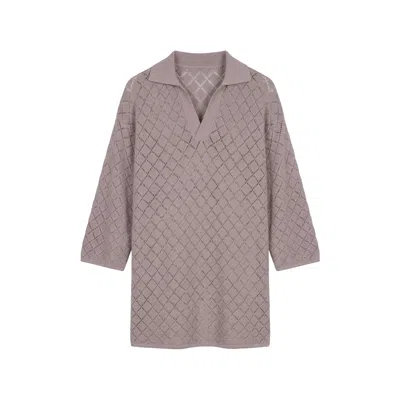 Modenaire Men's Purple Textured Knit Polo Sweater Open Collar Relaxed Fit