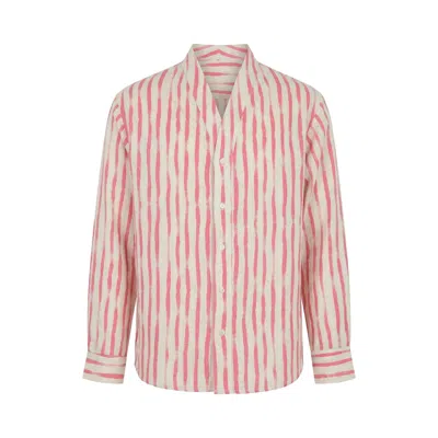 Modenaire Men's Red Striped Button Front Shirt With Stand Collar