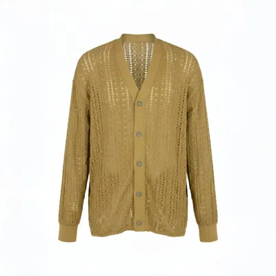 Modenaire Men's Yellow Open Knit Cotton Cardigan Relaxed Fit Refined Texture