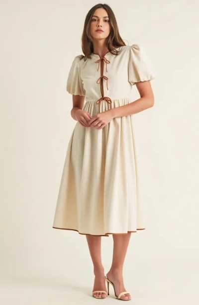 Modenaire Midi Puff Sleeve Dress With Contrast Ties And Hemline Trim