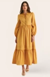 Modenaire Midi Shirred Neckline Tie Front Long Sleeve Tiered Hem Dress In Yellow