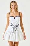 Modenaire Mini Dress With Spaghetti Straps Contrast Trim And Waist Tie Bow In White