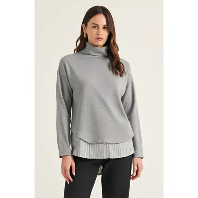 Modenaire Mixed Media Turtleneck Top With Open Back In Gray