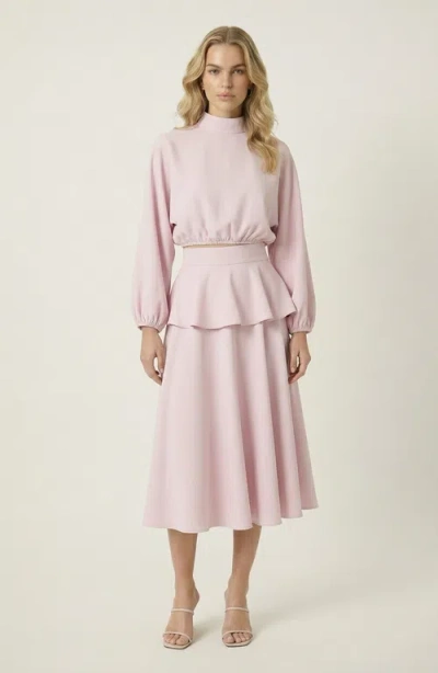 Modenaire Mock Neck Peplum Top And Mini Skirt Set In Pink