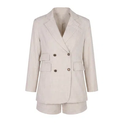 Modenaire Neutrals Three Piece Linen Set With Blazer Vest And Tailored Shorts
