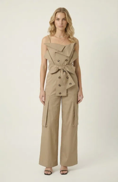 Modenaire Off Shoulder Cargo Jumpsuit In Sand