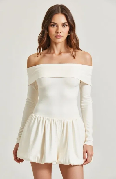 Modenaire Off-shoulder Long-sleeve Mini Dress With Bubble Hem In White/off-white