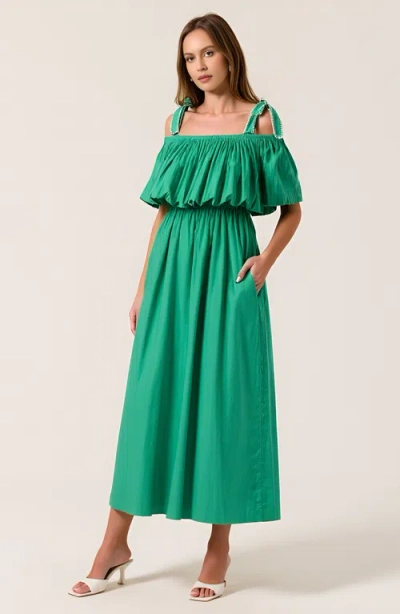 Modenaire Off-shoulder Ruffle Midi Dress In Green
