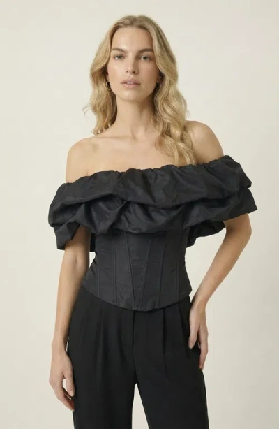 Modenaire Off Shoulder Ruffle Overlay Corset Top In Gray