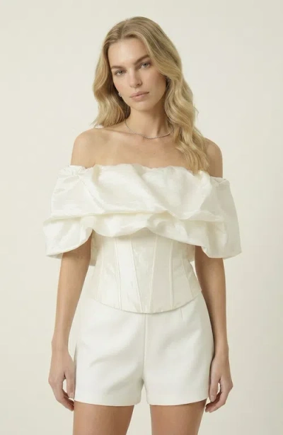 Modenaire Off Shoulder Ruffle Overlay Corset Top In Purple
