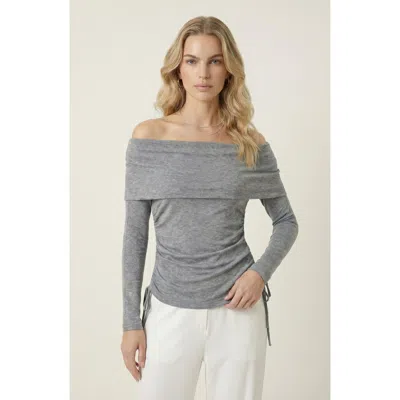 Modenaire Off Shoulder Side Ruched Long Sleeve Top In Gray