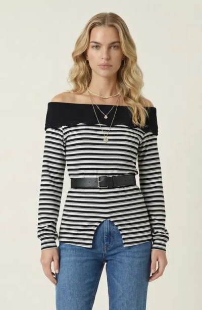Modenaire Off Shoulder Striped Knit Belted Top In Multi