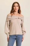 Modenaire Off-shoulder Sweater With Twisted Foldover Neckline And Balloon Sleeves In Neutral