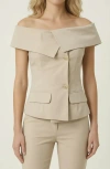 Modenaire Off Shoulder Tailored Top With Foldover Collar And Button Front In Sand
