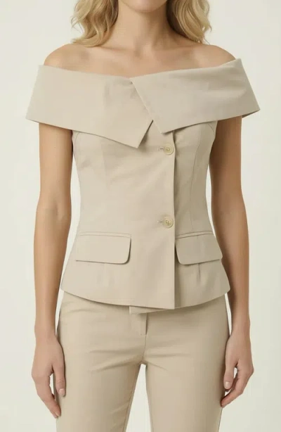 Modenaire Off Shoulder Tailored Top With Foldover Collar And Button Front In Sand