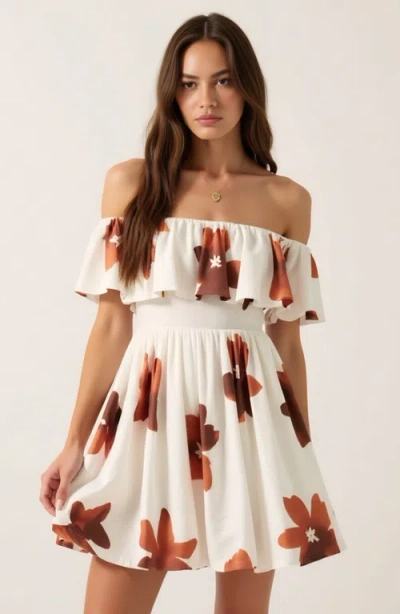 Modenaire Off-the-shoulder Floral Ruffled Flared Mini Dress In White