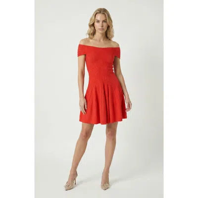 Modenaire Off-shoulder Pleated A-line Dress In Burgundy